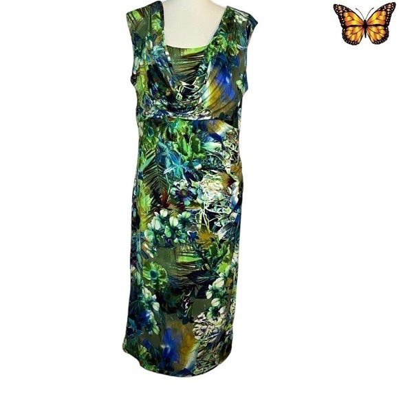 CARRE Noir Sleeveless Abstract Botanical Midi Dress Draped Neckline Size 14 - Picture 1 of 10
